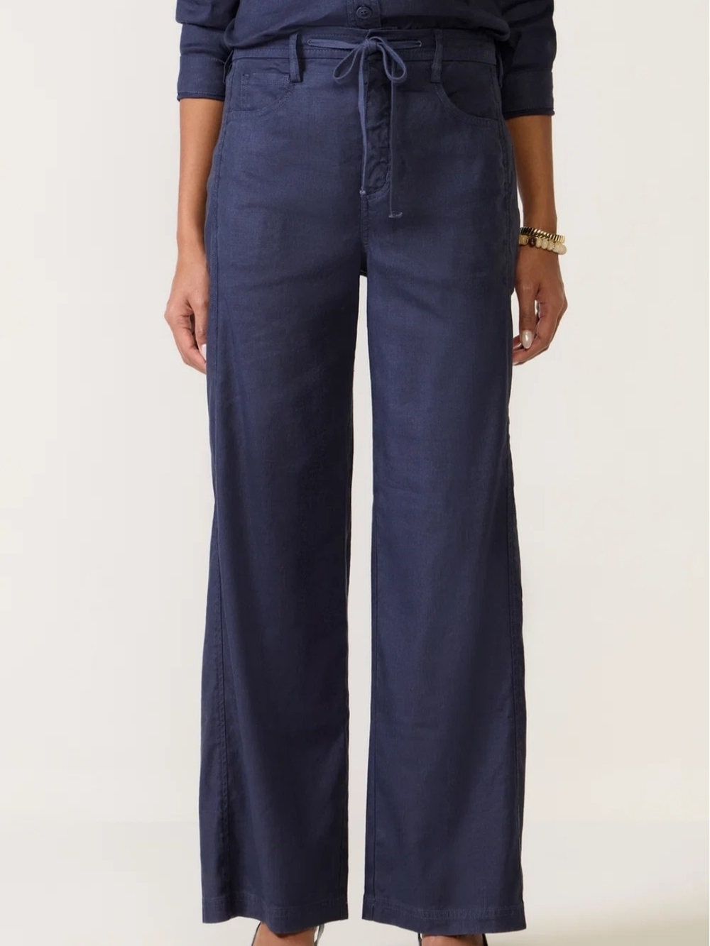 Evereve Joelle Stretch Linen Trouser with Tie Waist Navy Medium NWT